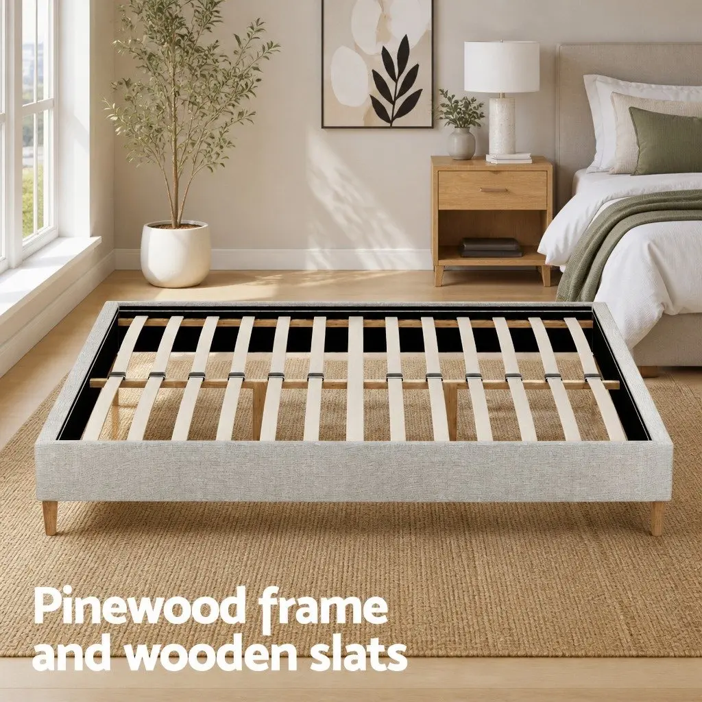 Queen Size Bed Frame Upholstered Beige Bedroom Furniture Wooden Slat Base