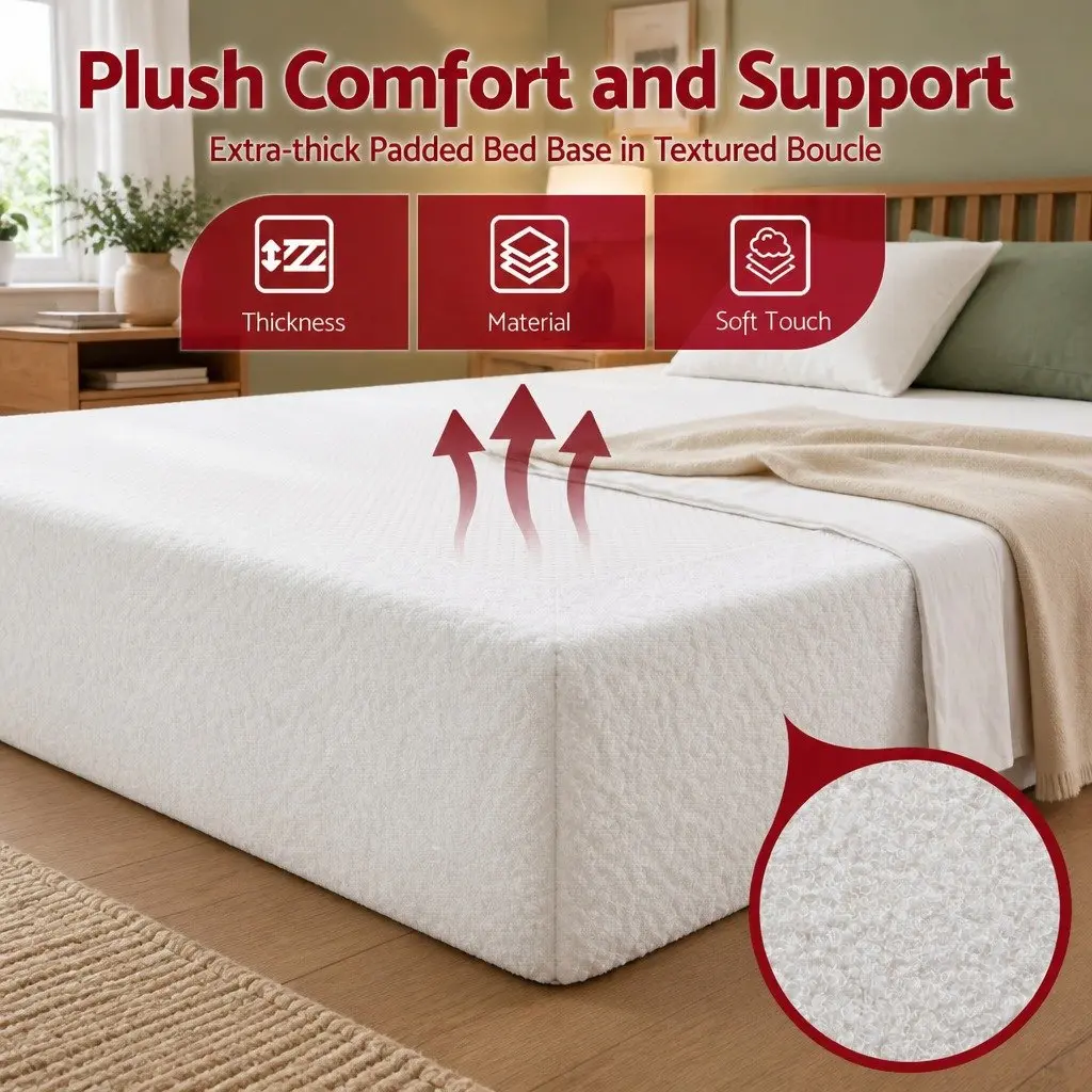 Compression Bed Frame Queen Size No Assembly Vacuum Packed Boucle White