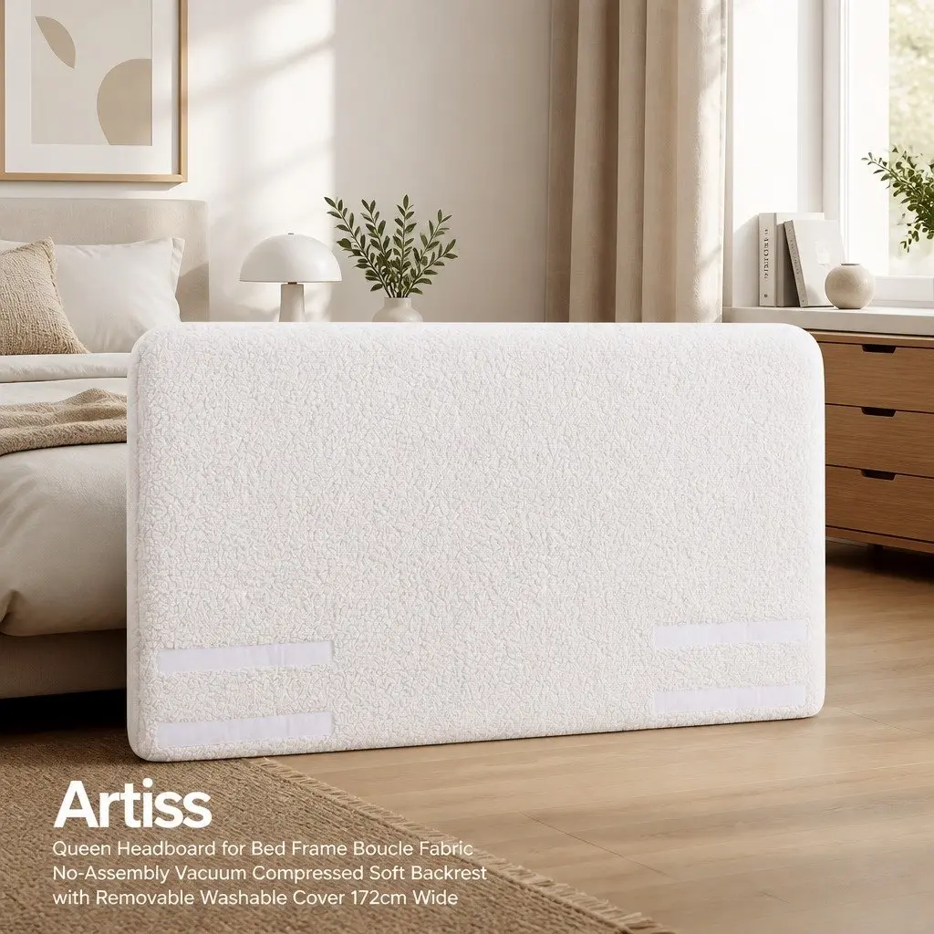 Queen Headboard Bed Frame Boucle Fabric No-Assembly Vacuum Compressed Soft