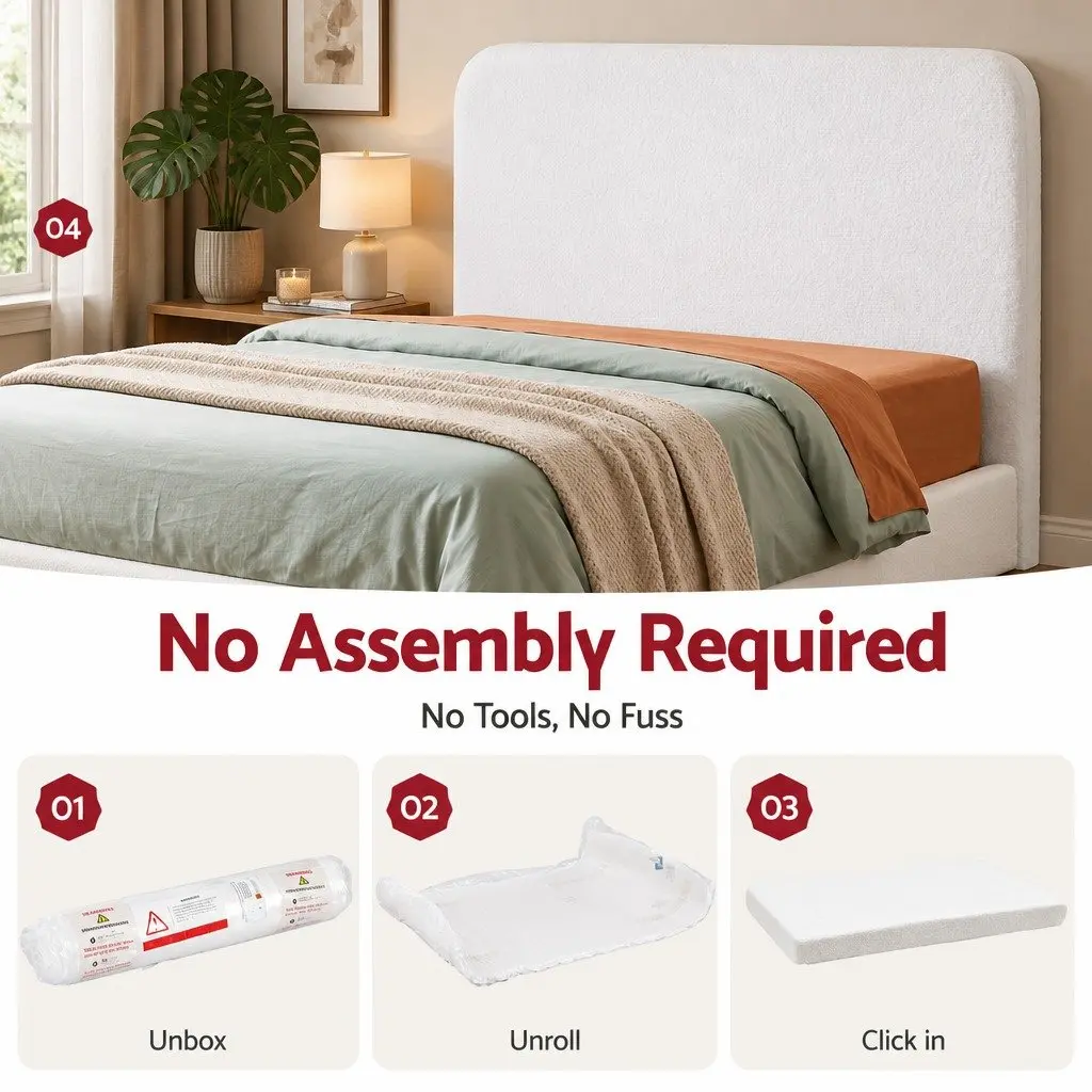 Queen Headboard Bed Frame Boucle Fabric No-Assembly Vacuum Compressed Soft