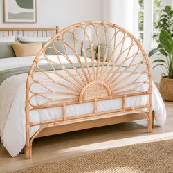 Double Bed Headboard Rattan Natural Pine 140cm Boho Rustic Bedroom Head Frame