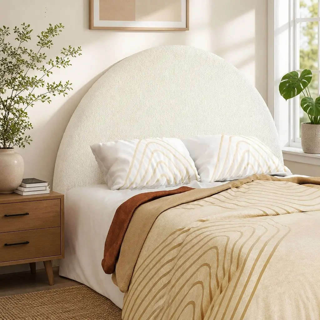 Double Bed Headboard with Arch Shape and Boucle Fabric