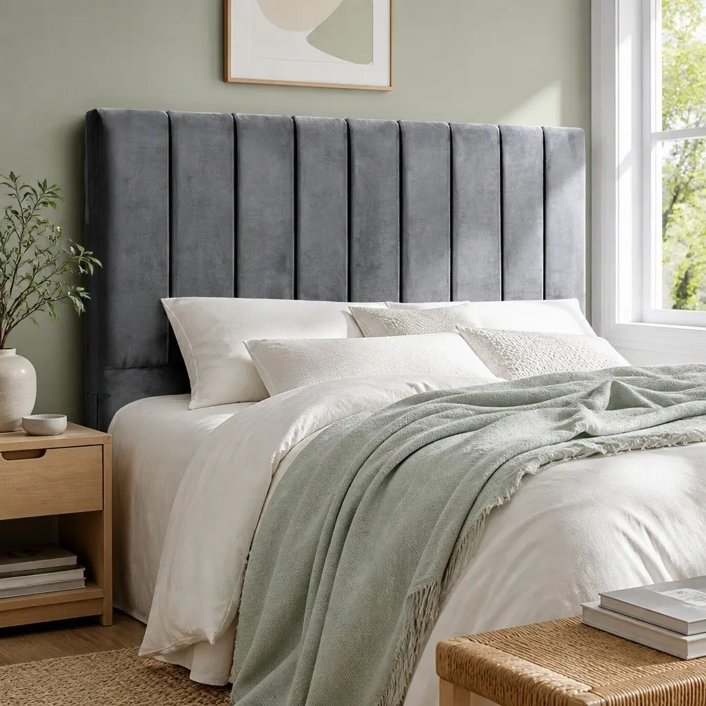 Double Bed Head Velvet Headboard Grey Bedroom 137cm x 120cm x 8cm