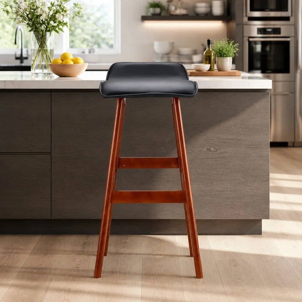 Bar Stools Set of 2 Kitchen Dining Black Bentwood PU Leather Upholstered Seat