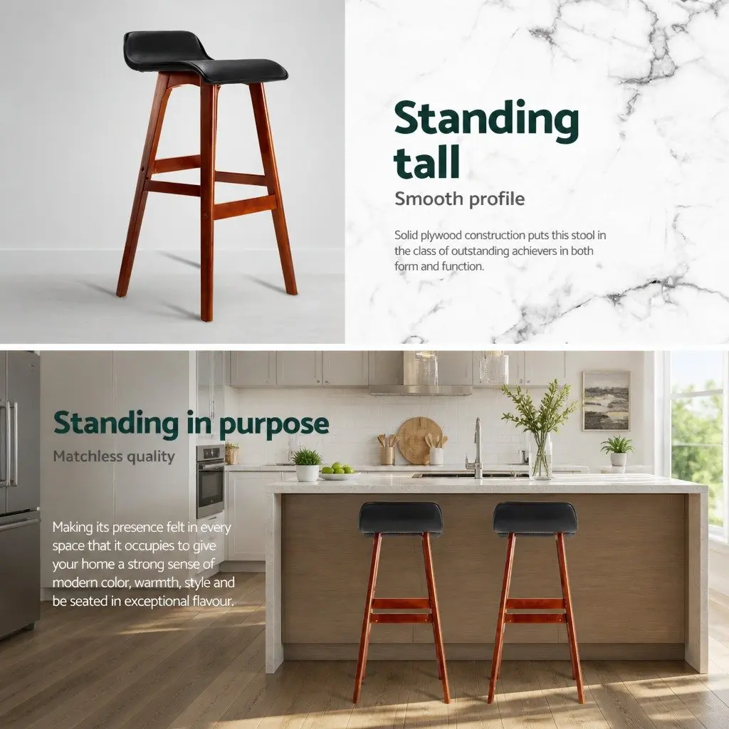 Bar Stools Set of 2 Kitchen Dining Black Bentwood PU Leather Upholstered Seat