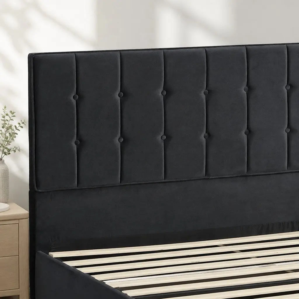 Fabric Bed Frame Double Size Upholstered Padded Headboard Grey Wooden Slats