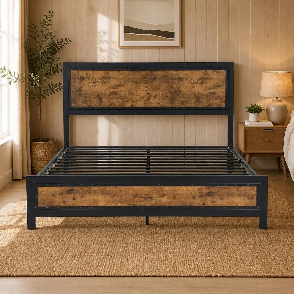 Metal Bed Frame Queen Size Mattress Base Platform Steel Slat Bed Base