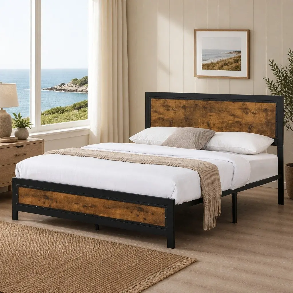 Metal Bed Frame Queen Size Mattress Base Platform Steel Slat Bed Base
