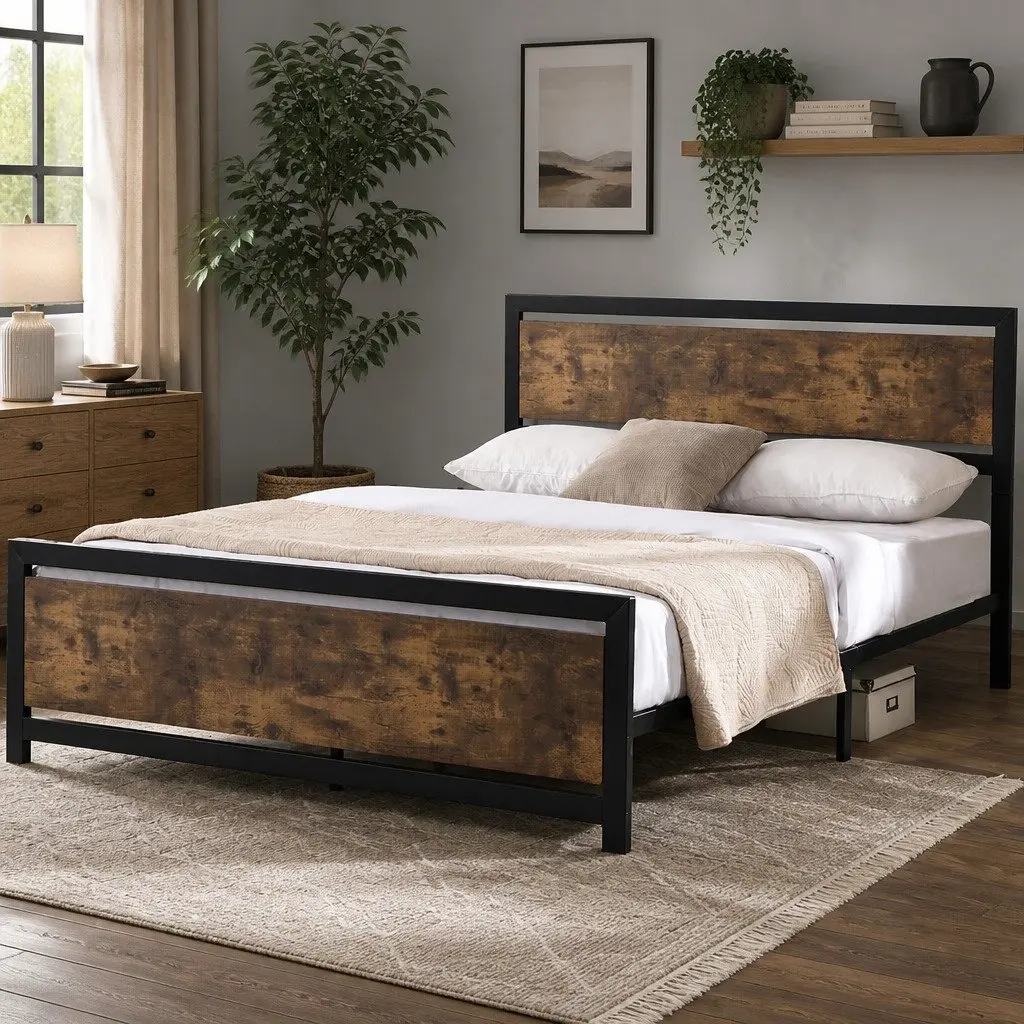 Metal Bed Frame Double Queen Size Industrial Steel Slats Storage Mattress Base
