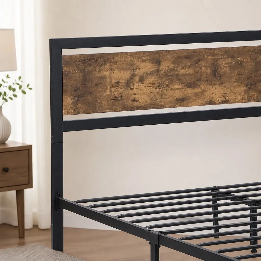 Metal Bed Frame Queen Size Industrial Design Steel Slats Storage Platform Base