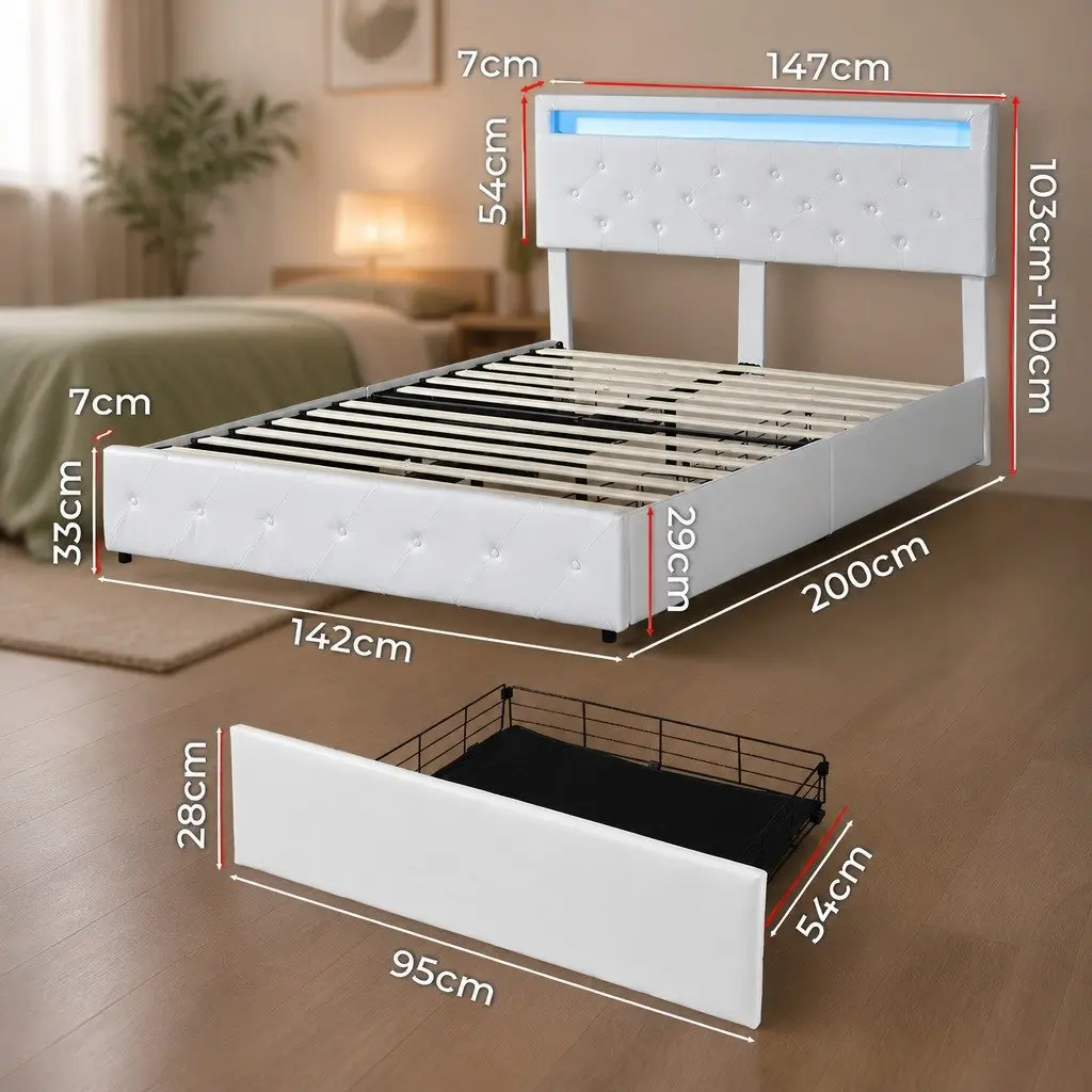 Double Bed Frame with RGB LED Storage Drawers USB Charging Port Queen Size
