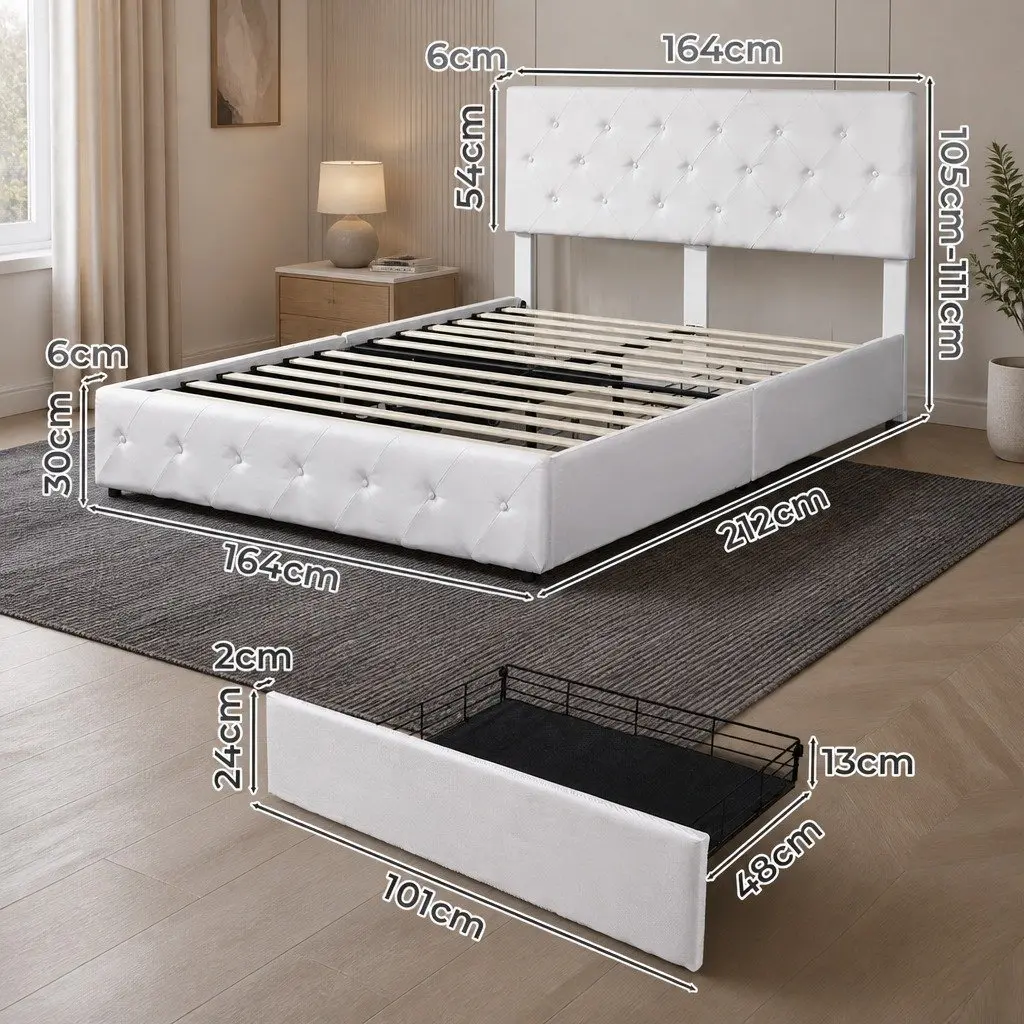 Queen Bed Frame with 4 Storage Drawers Tufted Headboard Support Beams