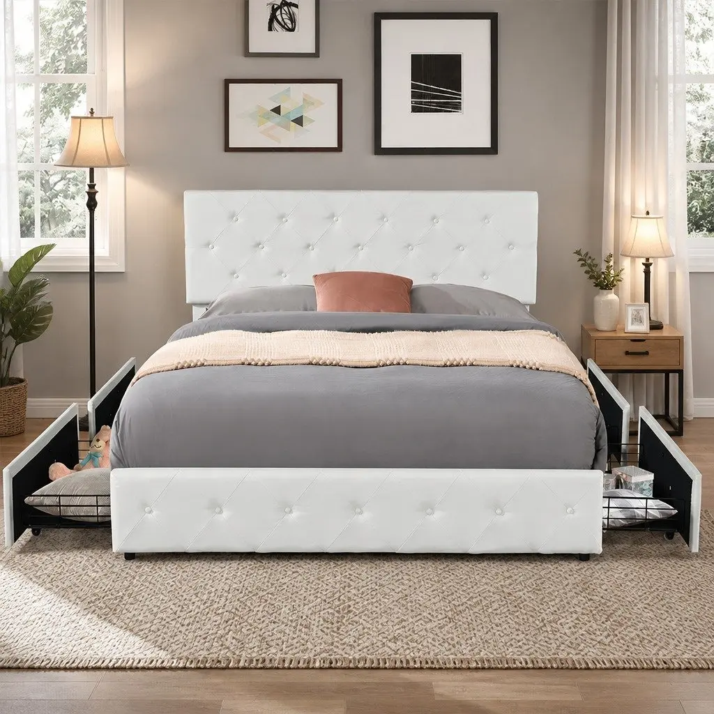 Queen Bed Frame with 4 Storage Drawers Tufted Headboard Support Beams