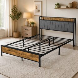 Double Bed Frame Tufted Upholstered Headboard with USB Charging Storage