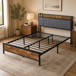 Queen Bed Frame Tufted Upholstered Headboard USB Charging Ports Storage Shelf