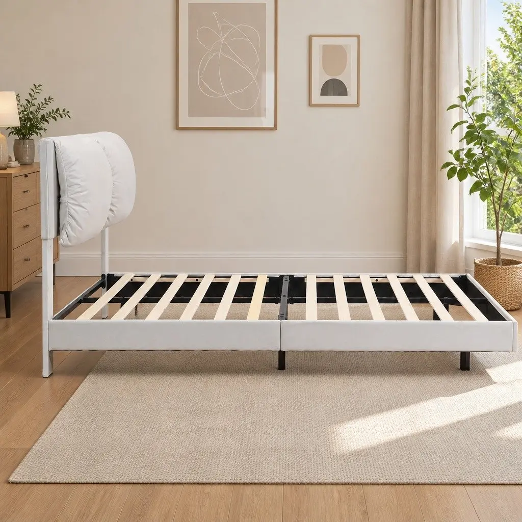 Double Floating Bed Frame with LED Light Height Adjustable Headboard Storage