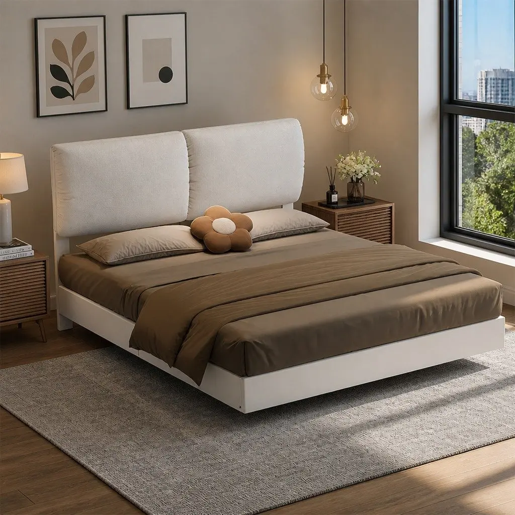 Double Floating Bed Frame with LED Light Height Adjustable Headboard Storage