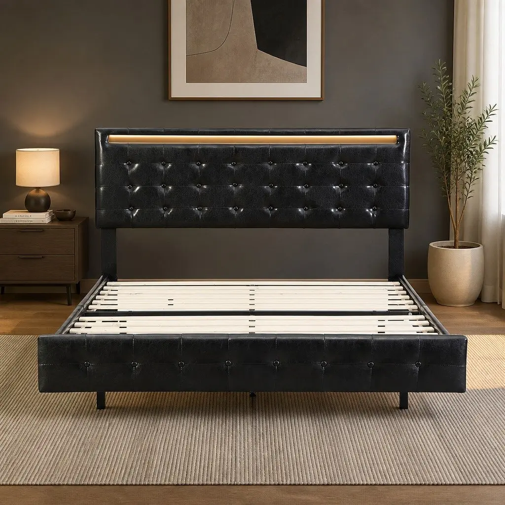 Floating Bed Frame Double with LED Light Strips Headboard Platform Bedroom