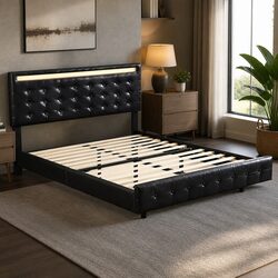 Floating Bed Frame Queen with Headboard LED Light Strips Platform Bedroom