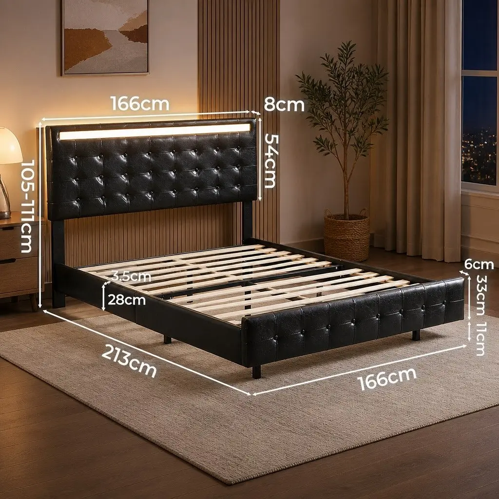 Floating Bed Frame Queen with Headboard LED Light Strips Platform Bedroom
