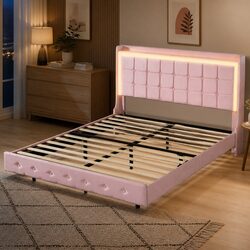 Queen Floating Bed Frame LED Light USB Ports Velvet Modern Bedroom Furniture