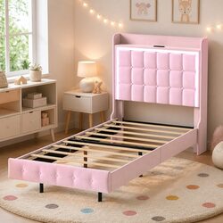 Single Floating Bed Frame LED Headboard USB Charging Pink Modern Bedroom