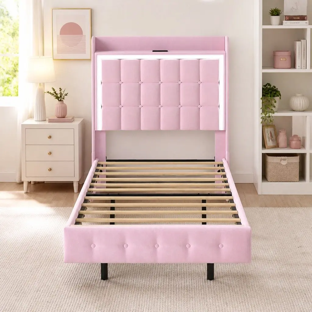 Pink Floating Bed Frame with LED Lighting