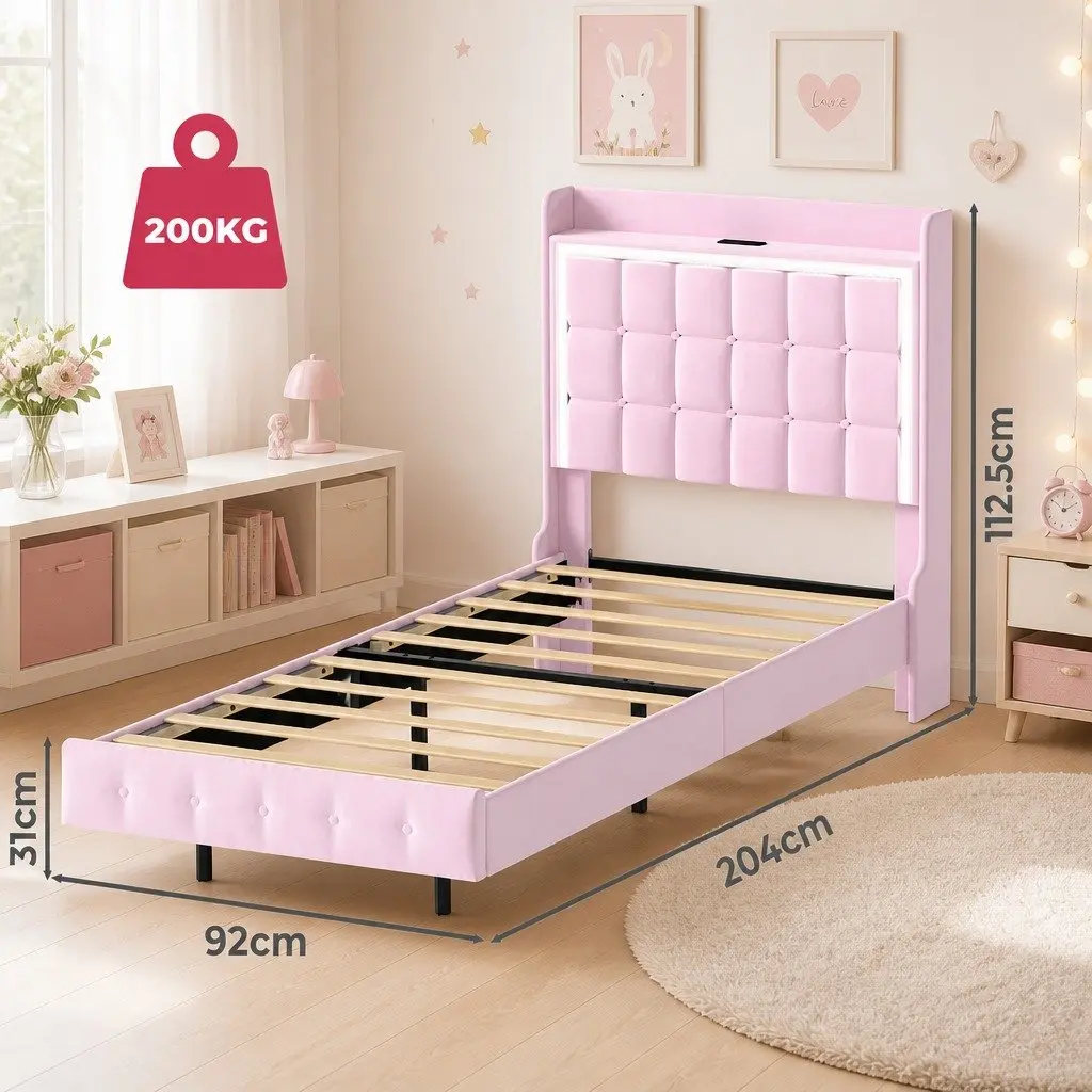 Pink Floating Bed Frame with LED Lighting