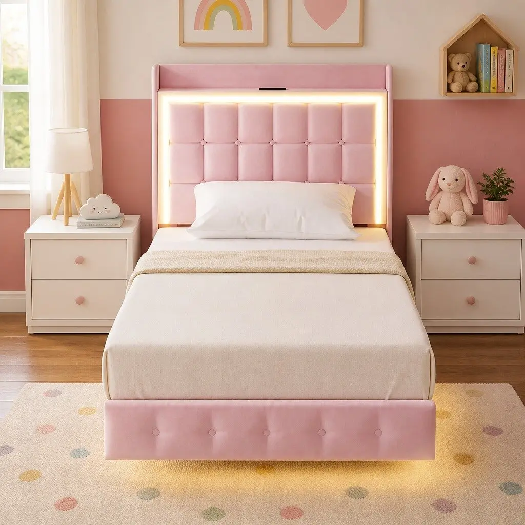 Pink Floating Bed Frame with LED Lighting