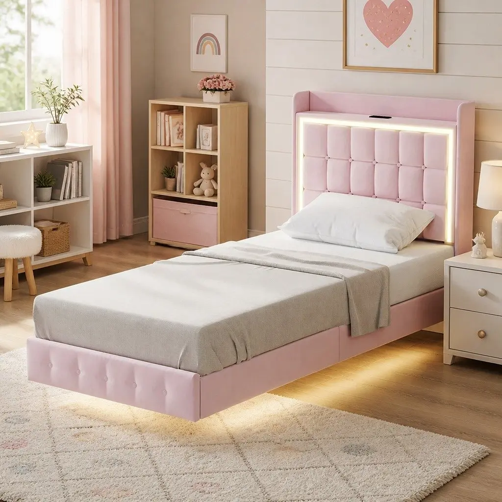 Pink Floating Bed Frame with LED Lighting