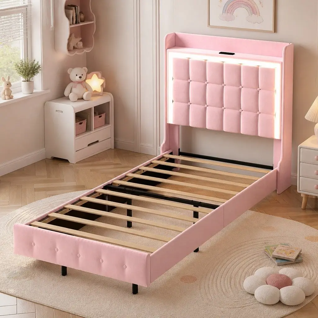 Pink Floating Bed Frame with LED Lighting
