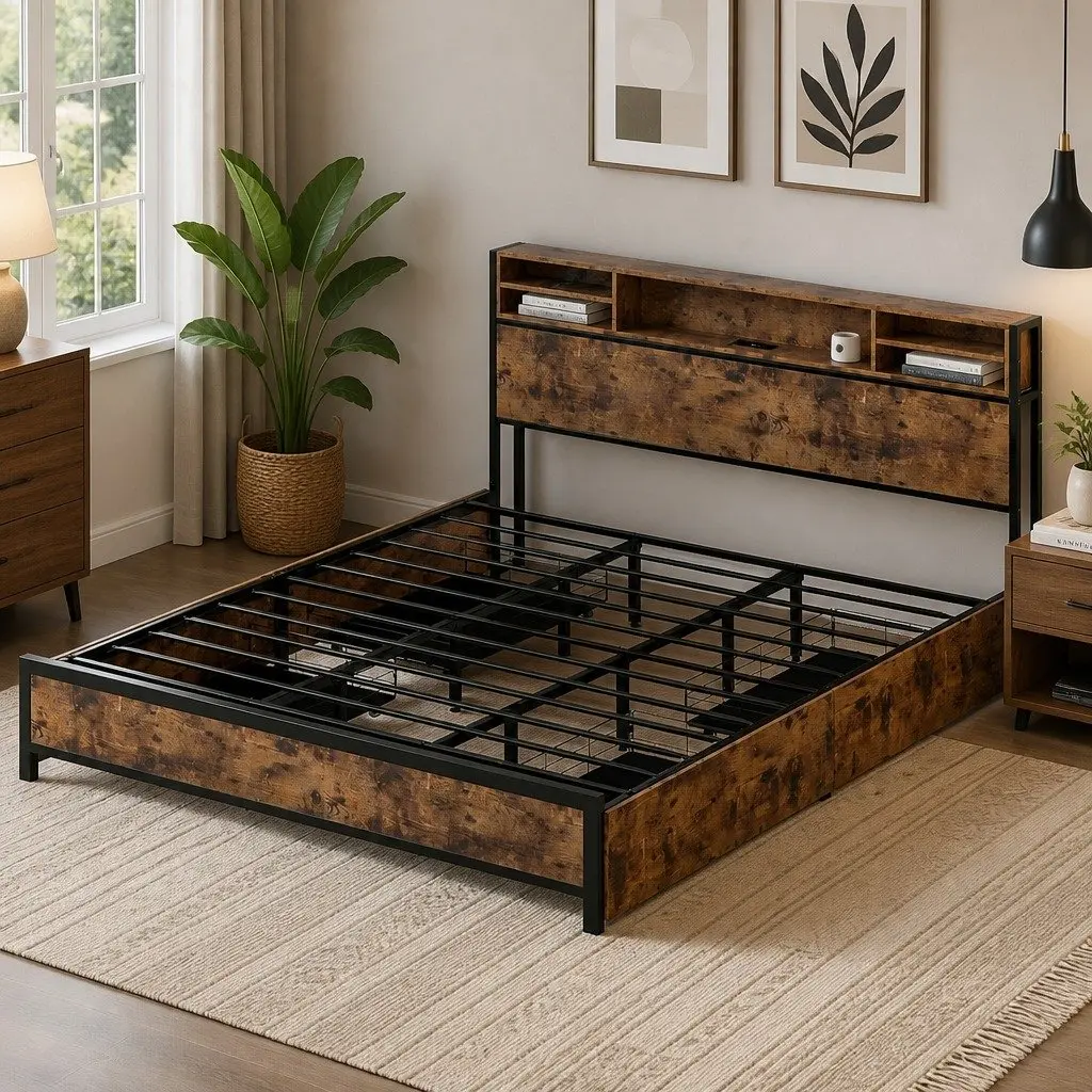 King Bed Frame with Storage Drawers RGB LED Headboard Charging Station