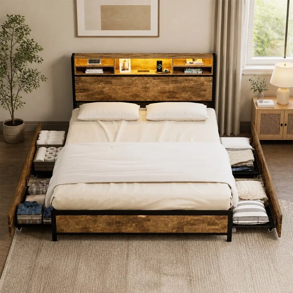 Queen Bed Frame with LED Light Storage Drawers Headboard Charging Station