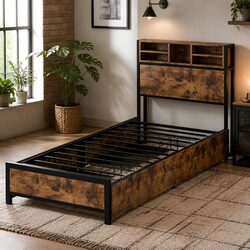 Single Bed Frame with Storage Drawers LED Headboard Charging Station Bedroom