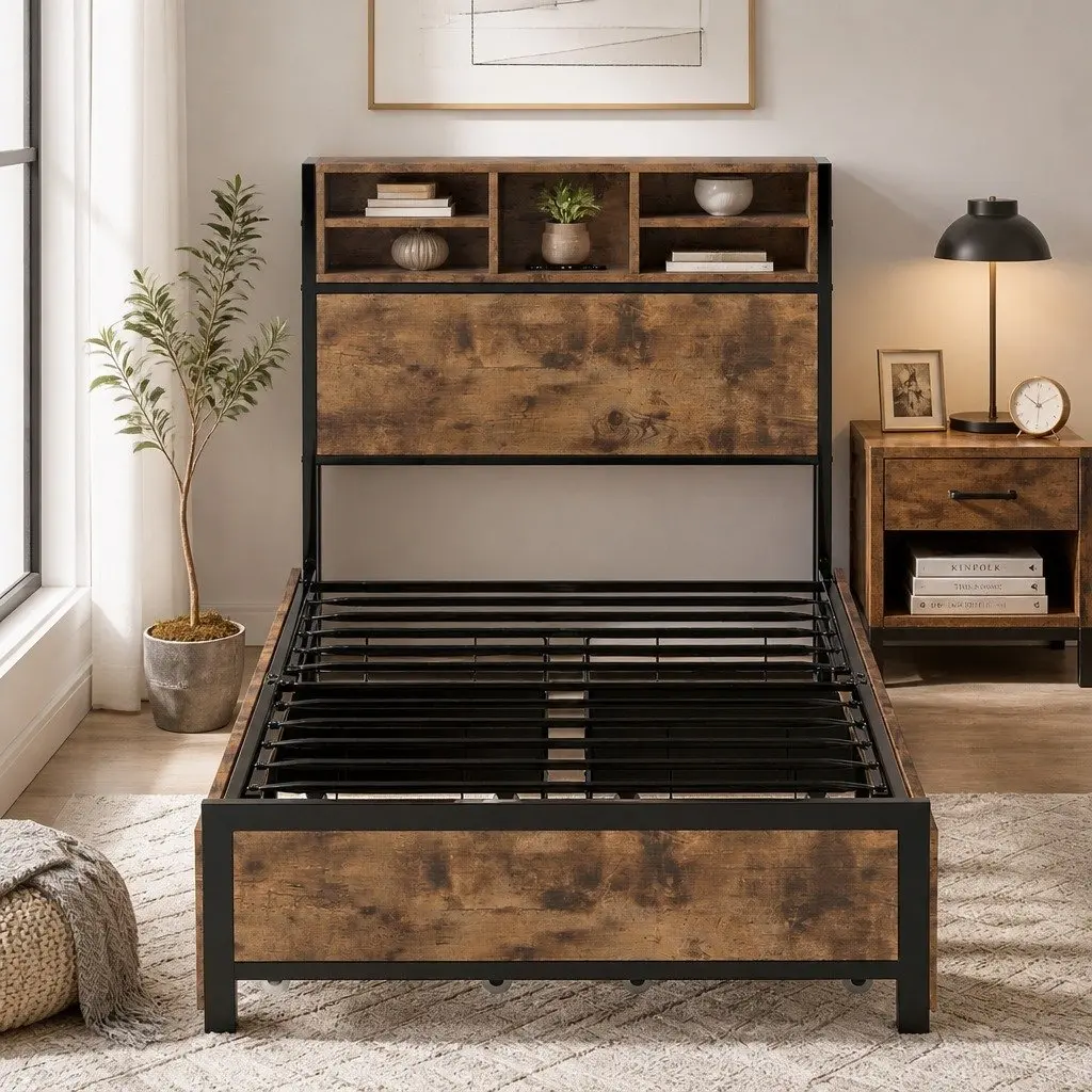 Single Bed Frame with Storage Drawers for Bedroom with LED Headboard and Charging Station Brown Size 208cm x 91cm x 100cm