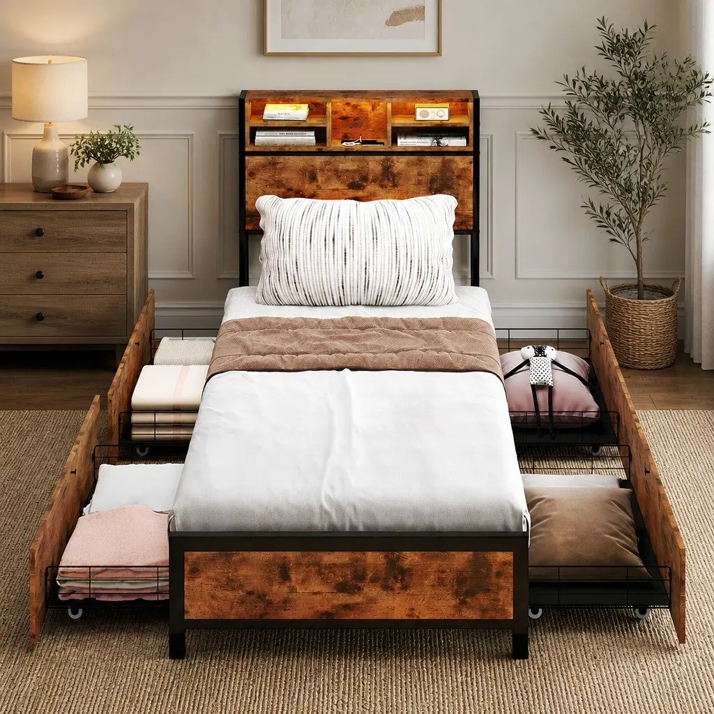 Single Bed Frame with Storage Drawers for Bedroom with LED Headboard and Charging Station Brown Size 208cm x 91cm x 100cm