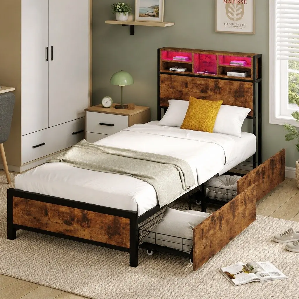 Single Bed Frame with Storage Drawers for Bedroom with LED Headboard and Charging Station Brown Size 208cm x 91cm x 100cm
