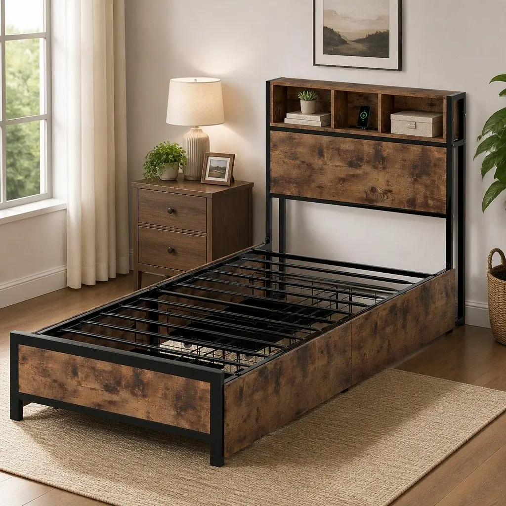Single Bed Frame with Storage Drawers for Bedroom with LED Headboard and Charging Station Brown Size 208cm x 91cm x 100cm