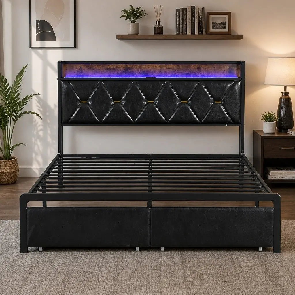 Double Metal Bed Frame with LED Lights Storage Drawers USB Charging Headboard