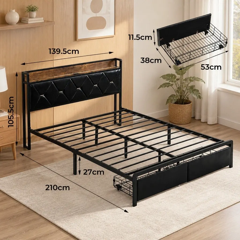 Double Metal Bed Frame with LED Lights Storage Drawers USB Charging Headboard