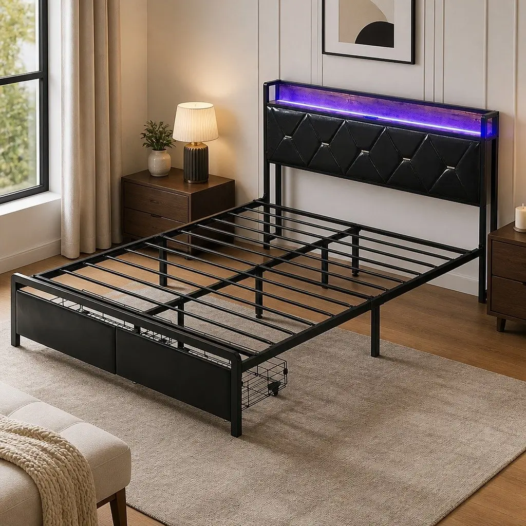 Double Metal Bed Frame with LED Lights Storage Drawers USB Charging Headboard