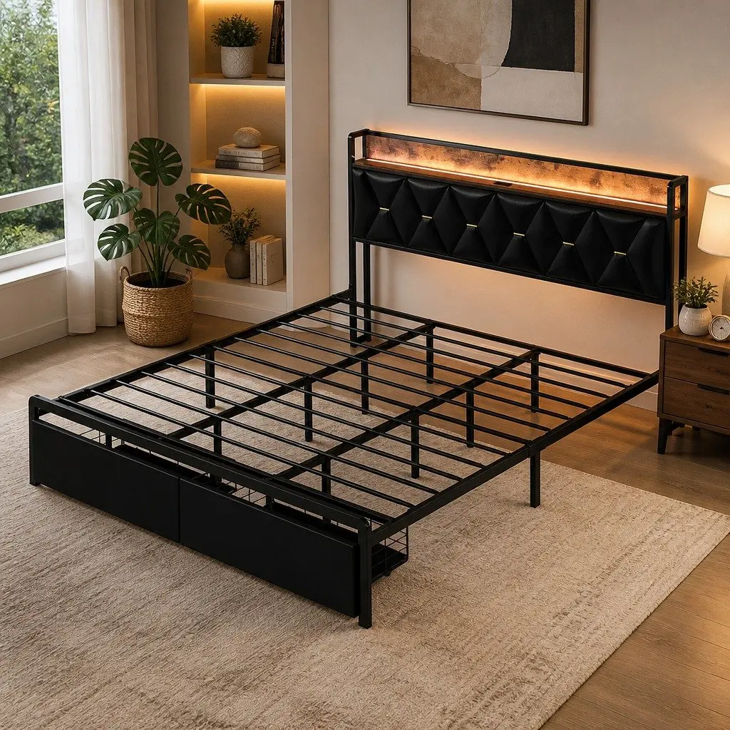 King Bed Frame for Bedroom with LED Headboard Storage Drawers USB Charging Metal Base