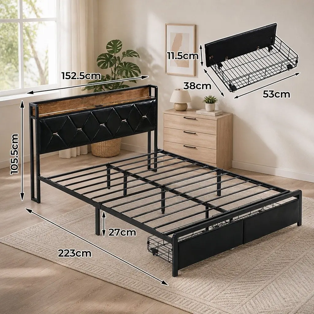 King Bed Frame for Bedroom with LED Headboard Storage Drawers USB Charging Metal Base