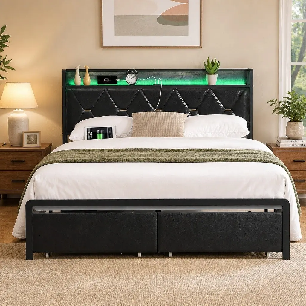 King Bed Frame for Bedroom with LED Headboard Storage Drawers USB Charging Metal Base