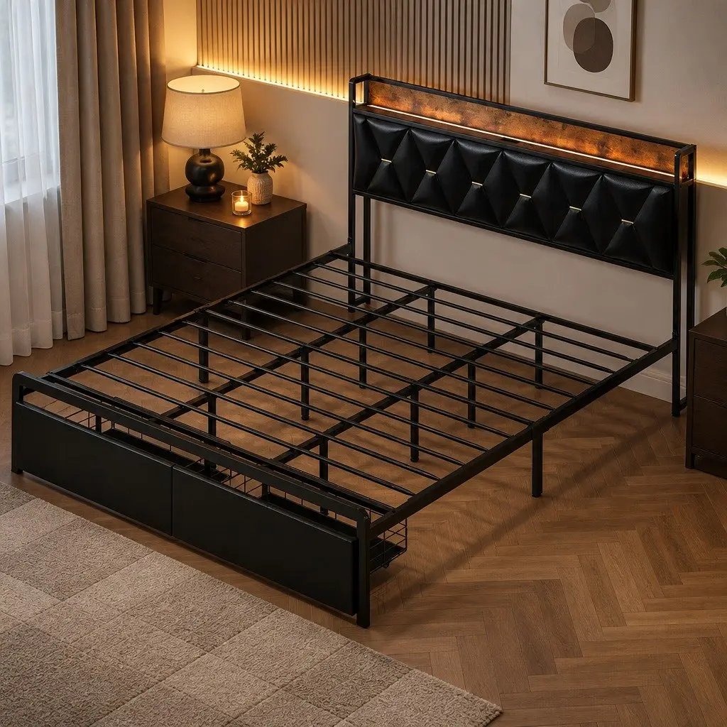 King Bed Frame for Bedroom with LED Headboard Storage Drawers USB Charging Metal Base