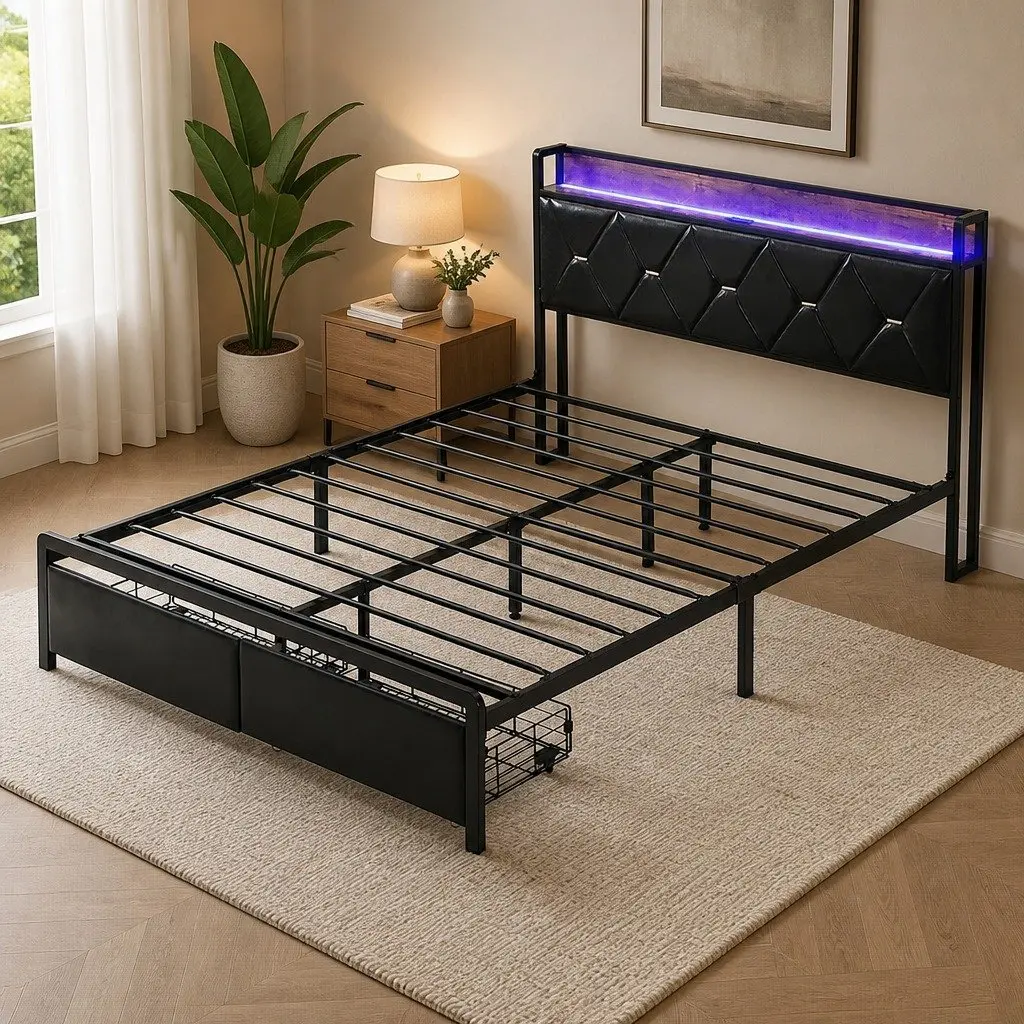 Queen Metal Bed Frame with RGB LED Lights Storage Headboard USB Charging 2