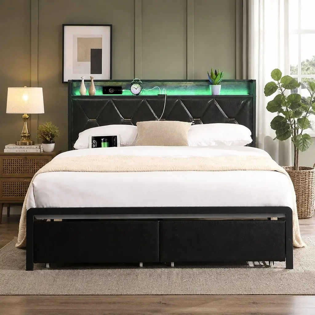 Queen Metal Bed Frame with RGB LED Lights Storage Headboard USB Charging 2