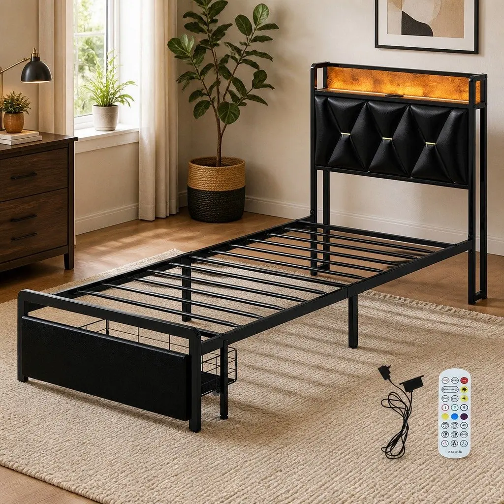 Single Bed Frame with LED Headboard Storage Drawers Metal Slatted Base