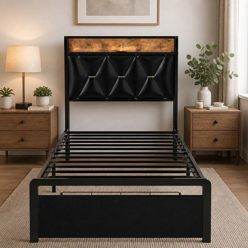 Single Bed Frame with LED Headboard Storage Drawers Metal Slatted Base