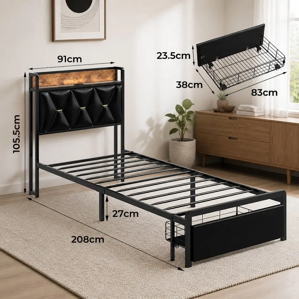 Single Bed Frame with LED Headboard Storage Drawers Metal Slatted Base